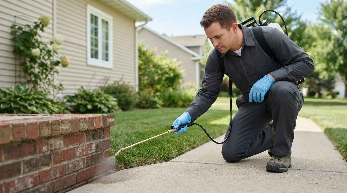Pest control technician treating a home near Stevens Village, AK
